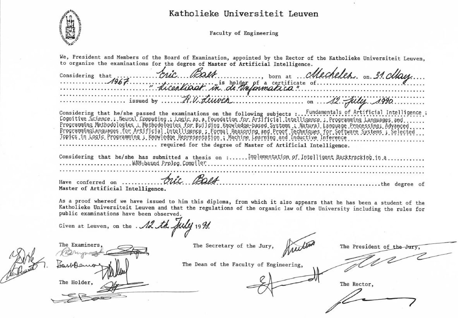 1991 - K.U.Leuven - Master of Science, Artificial Intelligence