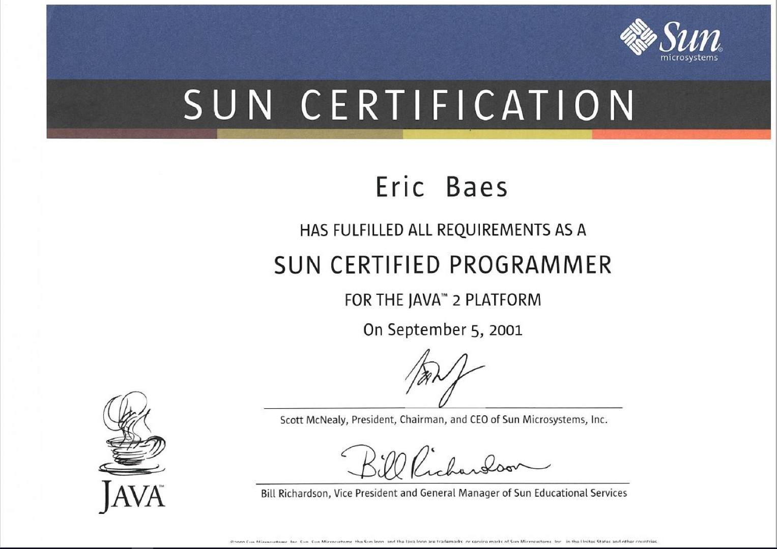 2001 - Sun Microsystems - SCJP - (J2SE) Sun Certified Java Programmer