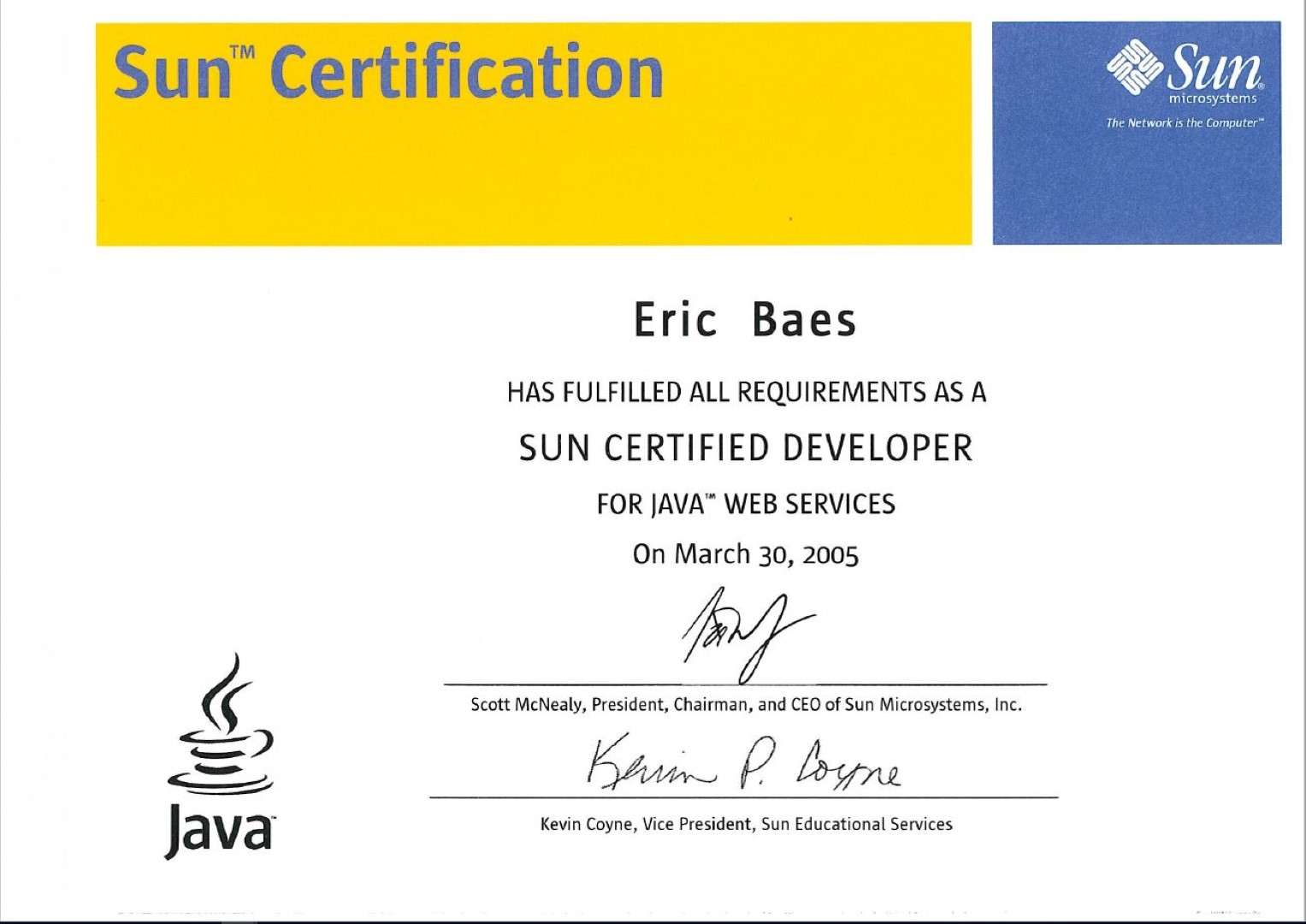 2005 - Sun Microsystems - SCDJWS - (J2EE) Sun Certified Developer for Java Web Services