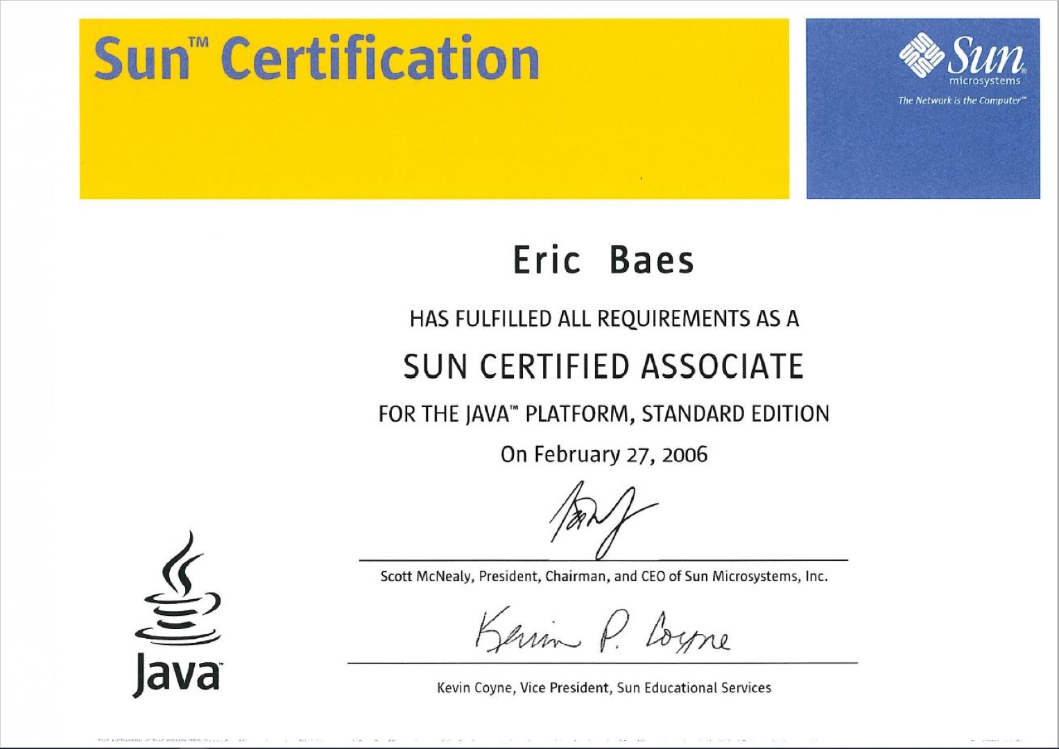 2006 - Sun Microsystems - SCJA - (J2SE) Sun Certified Java Associate